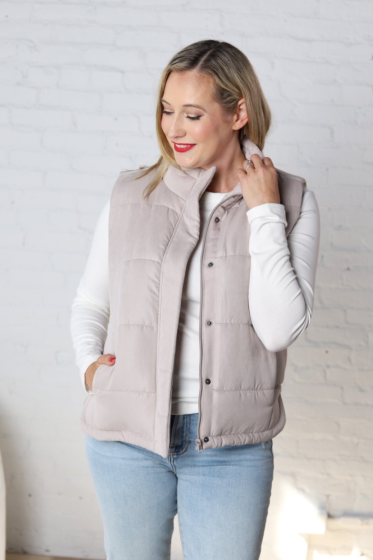 Ainsly Suede-Like Puffer Vest - Pebble