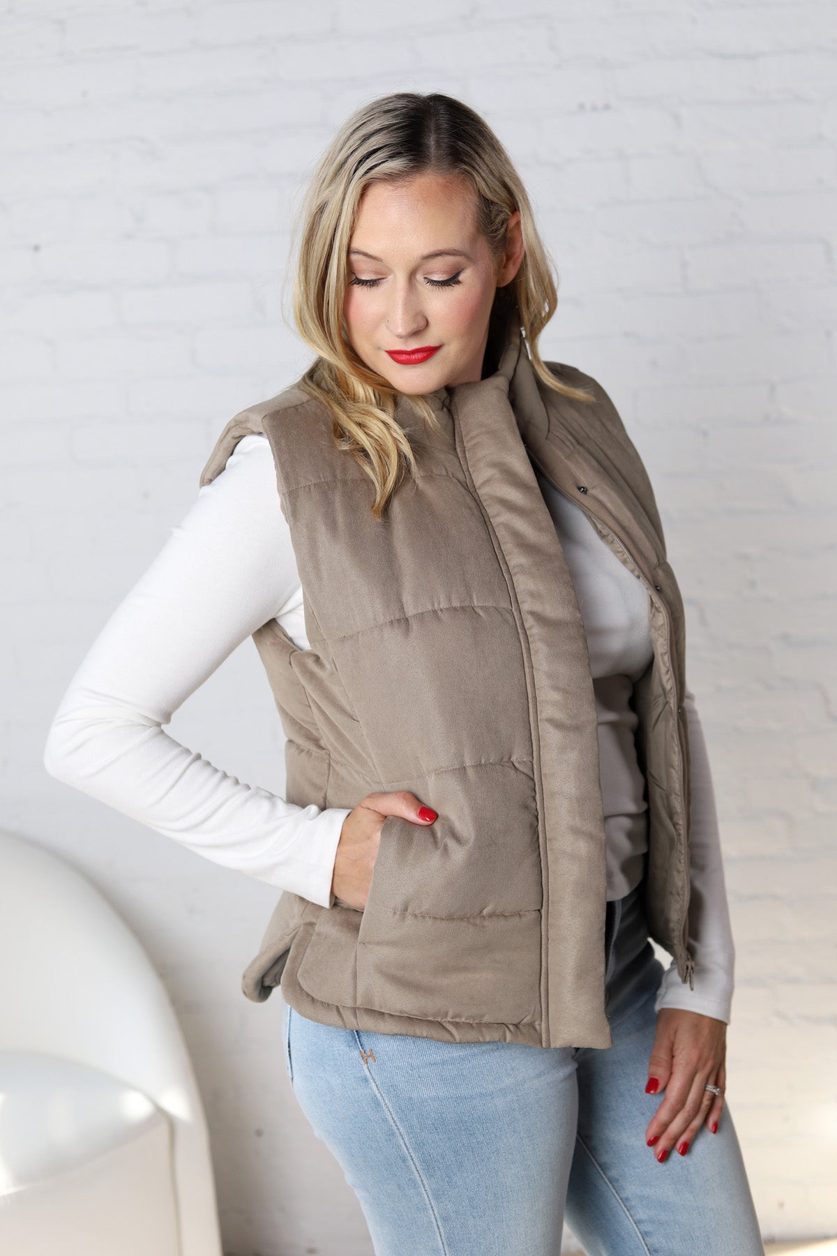 Ainsly Suede-Like Puffer Vest - Sage