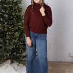 Aislen Turtle Neck Dolman Sleeve Brushed Knit Top - Burgundy