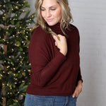 Aislen Turtle Neck Dolman Sleeve Brushed Knit Top - Burgundy