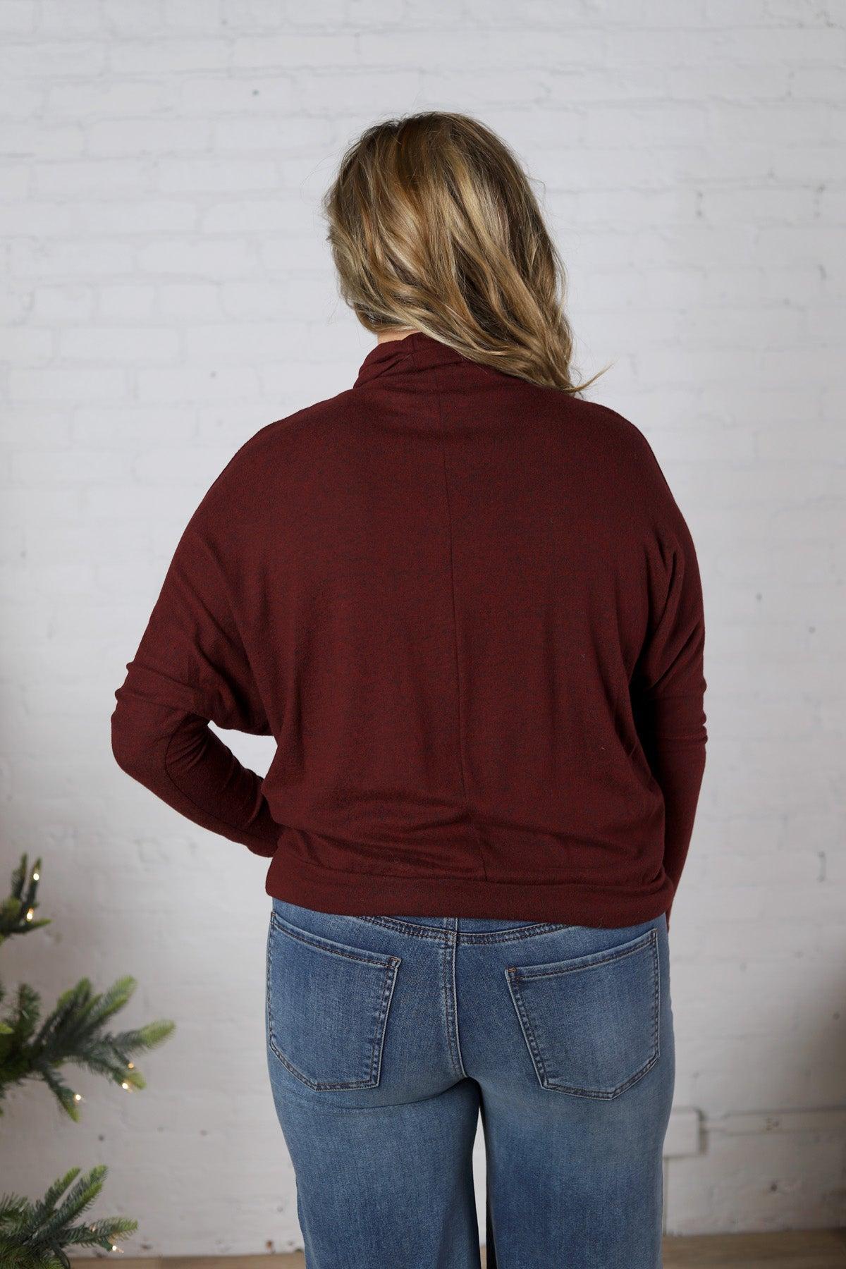 Aislen Turtle Neck Dolman Sleeve Brushed Knit Top - Burgundy