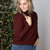 Aislen Turtle Neck Dolman Sleeve Brushed Knit Top - Burgundy - FINAL SALE