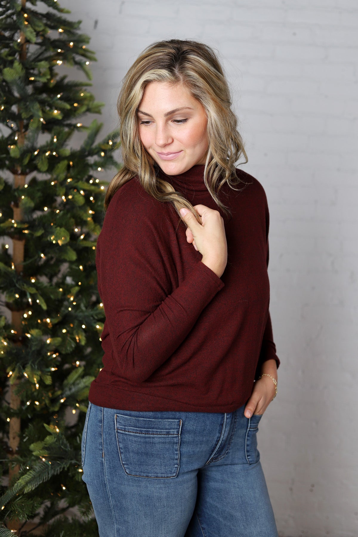 Aislen Turtle Neck Dolman Sleeve Brushed Knit Top - Burgundy - FINAL SALE