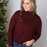 Aislen Turtle Neck Dolman Sleeve Brushed Knit Top - Burgundy