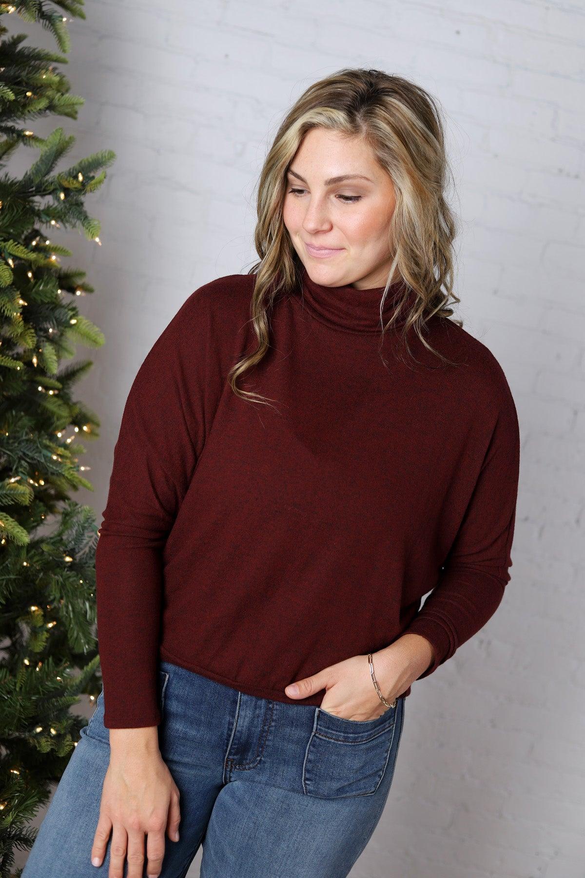 Aislen Turtle Neck Dolman Sleeve Brushed Knit Top - Burgundy