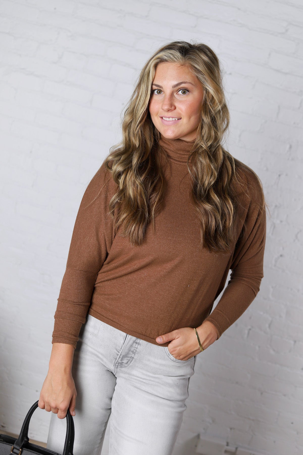 Aislen Turtle Neck Dolman Sleeve Brushed Knit Top - CoCoa