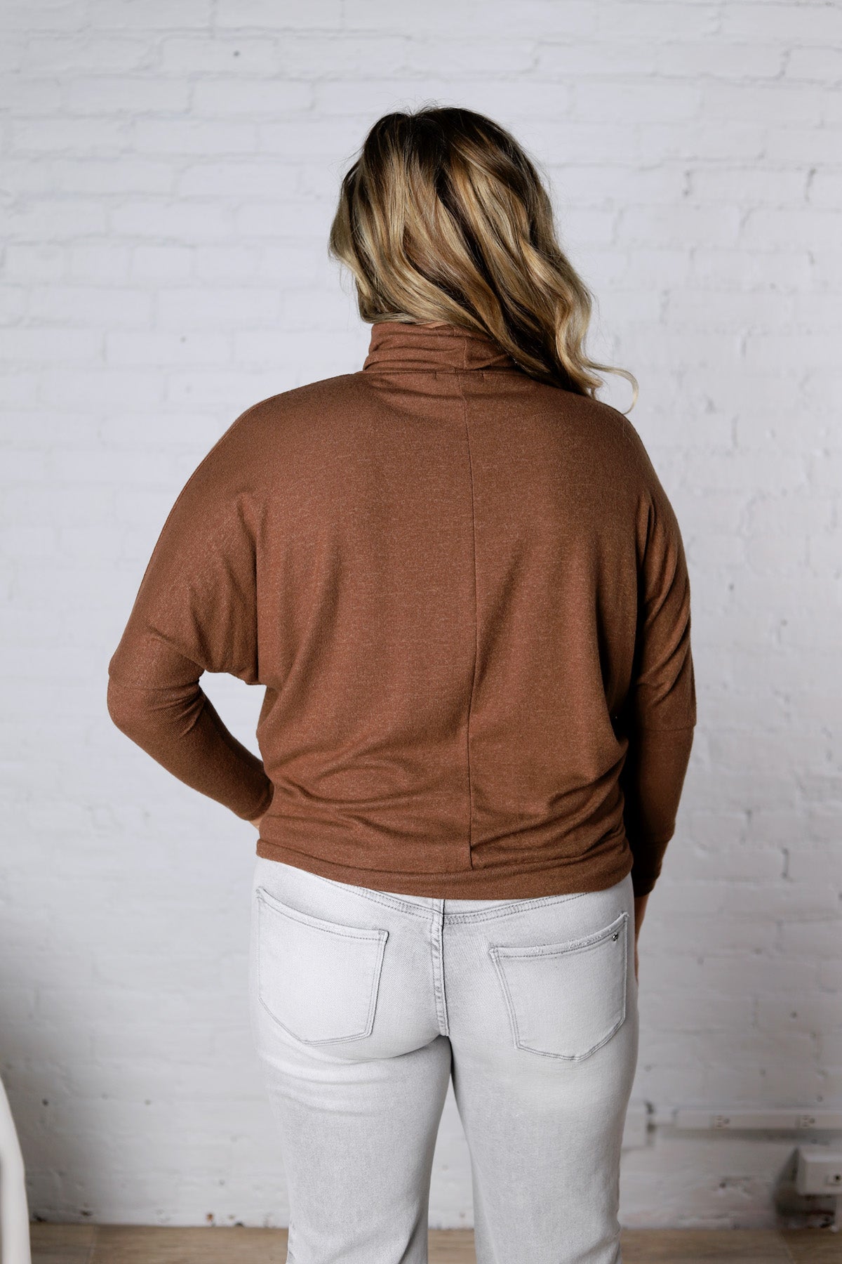 Aislen Turtle Neck Dolman Sleeve Brushed Knit Top - CoCoa