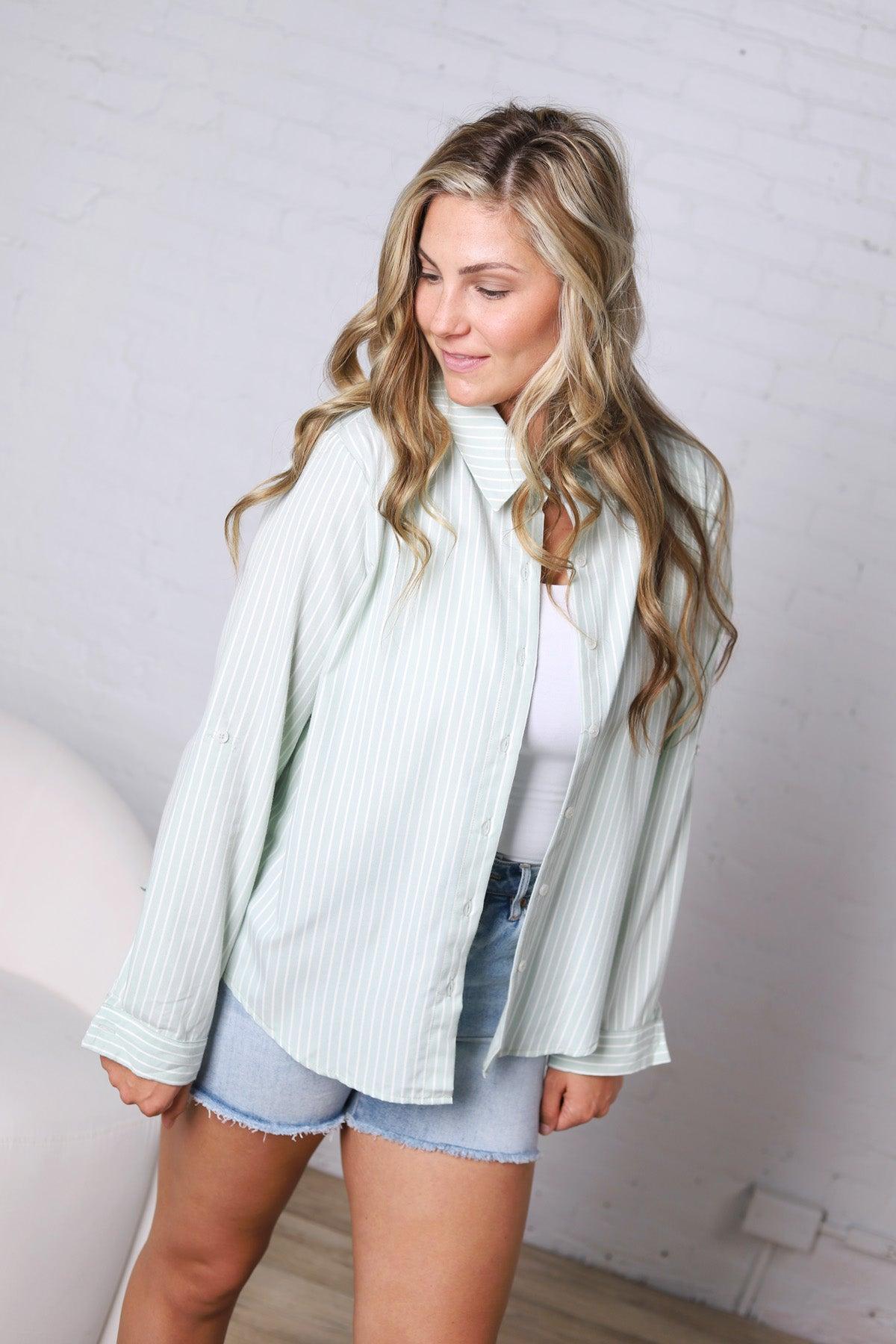 Alaine Stripe Button Down Top - Mint