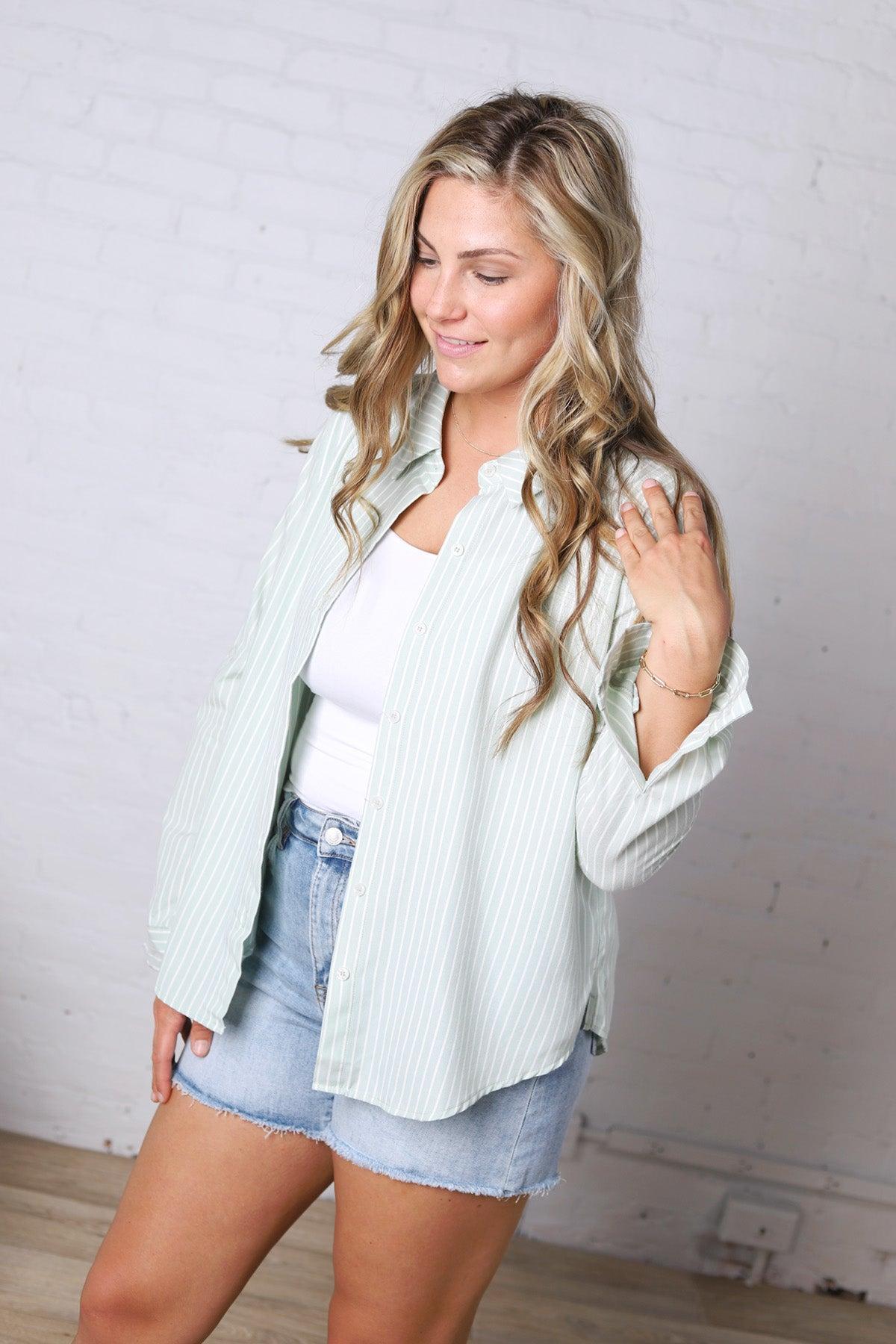 Alaine Stripe Button Down Top - Mint