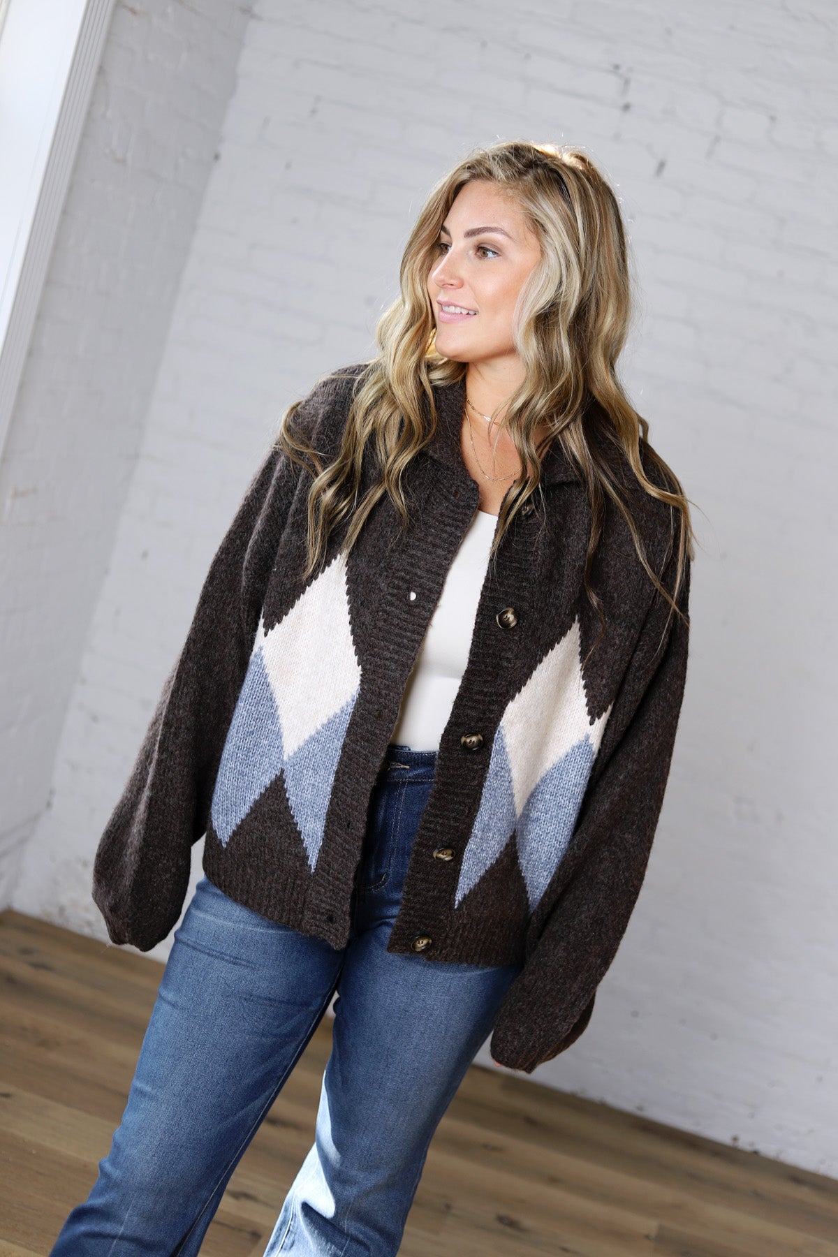 Alba Argyle Knit Cardigan - Brown Multi