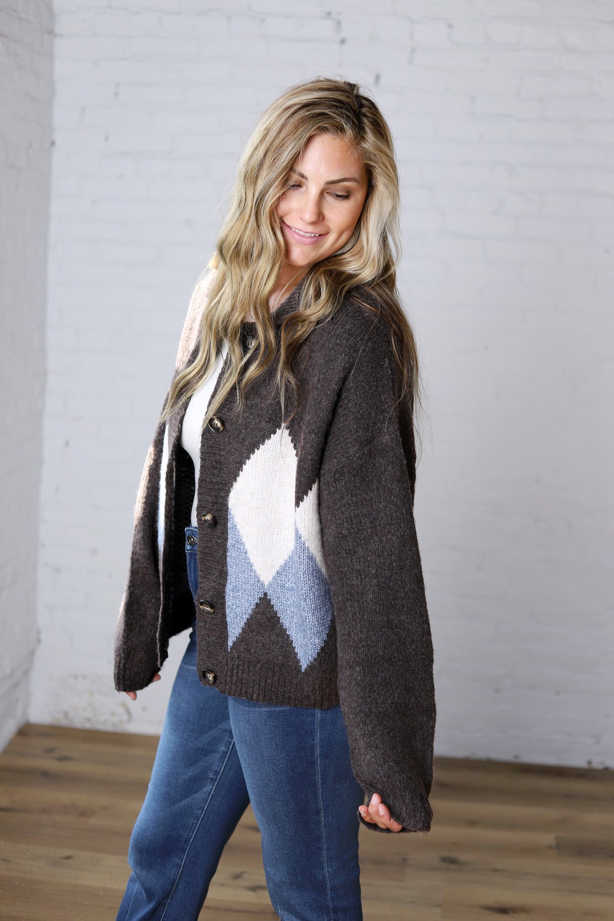 Alba Argyle Knit Cardigan - Brown Multi