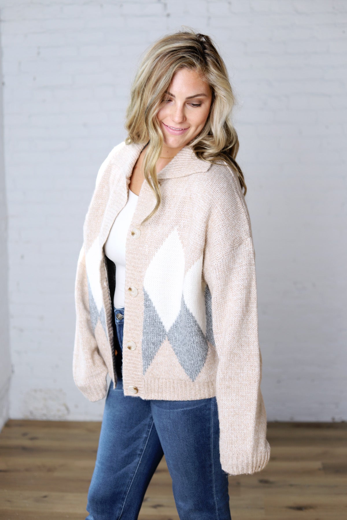 Alba Argyle Knit Cardigan - Sand Multi
