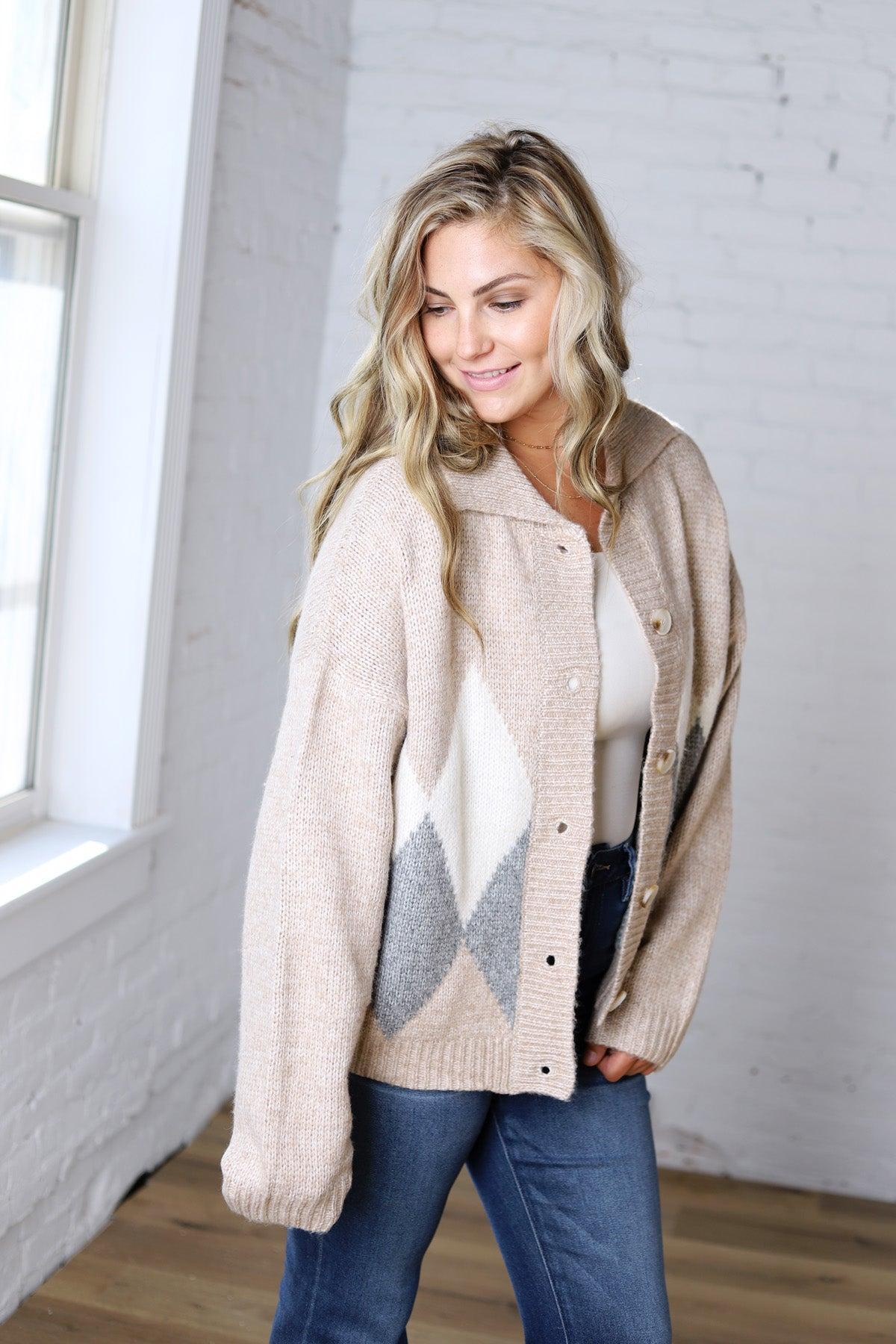Alba Argyle Knit Cardigan - Sand Multi
