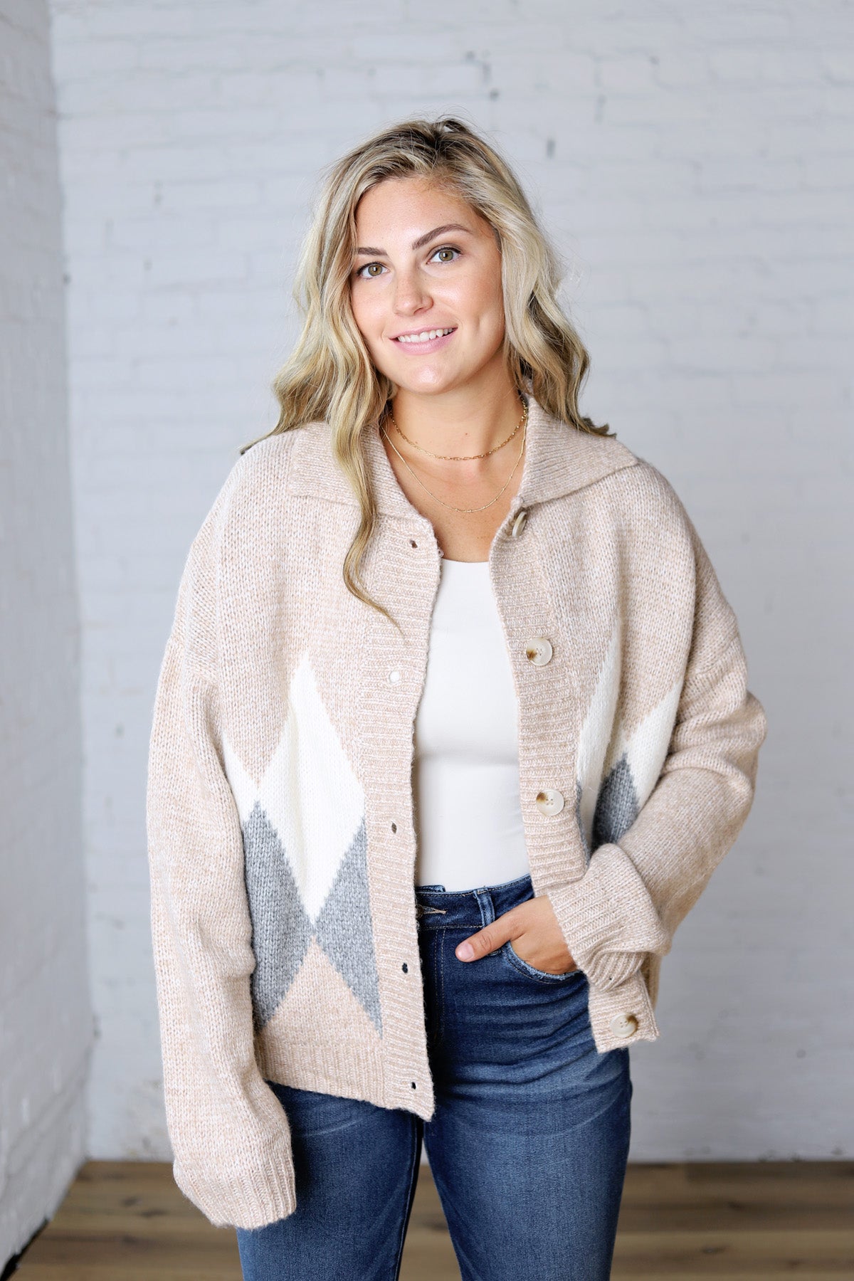 Alba Argyle Knit Cardigan - Sand Multi