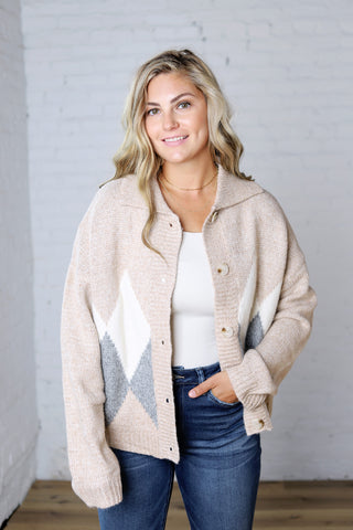 Alba Argyle Knit Cardigan - Sand Multi