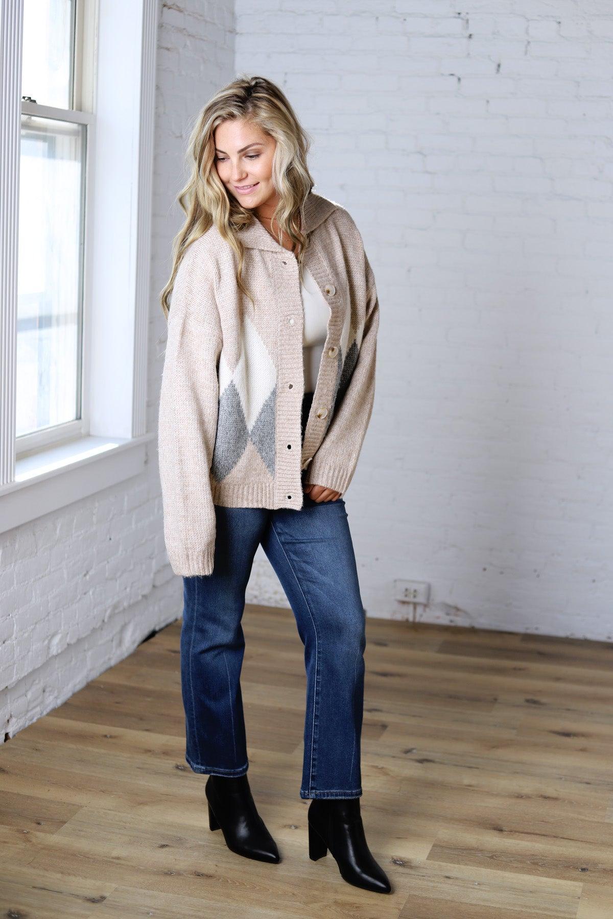 Alba Argyle Knit Cardigan - Sand Multi