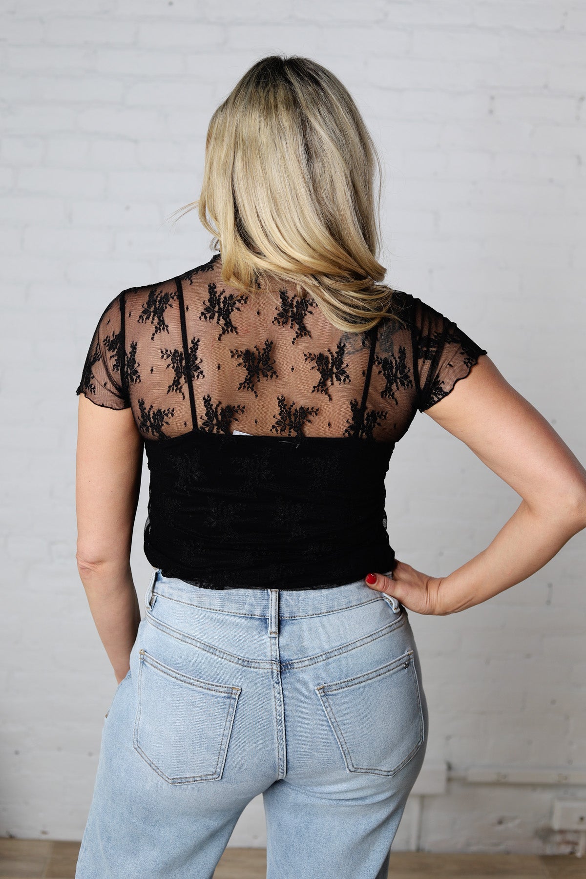 Alessandra Lace Layering Short Sleeve Top - Black