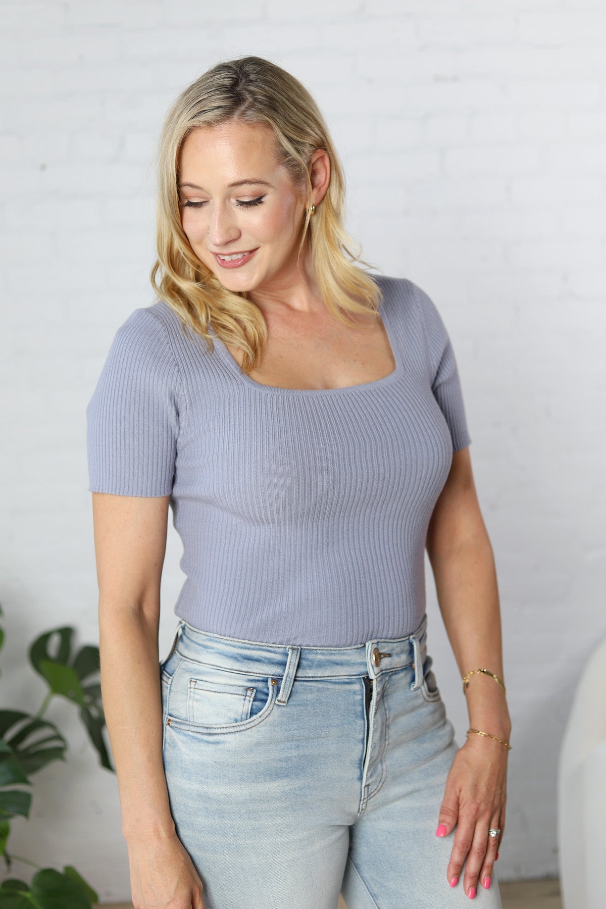 Allie Square Neck Ribbed Top - Dusty Periwinkle