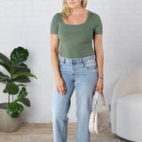 Allie Square Neck Ribbed Top - Ivy