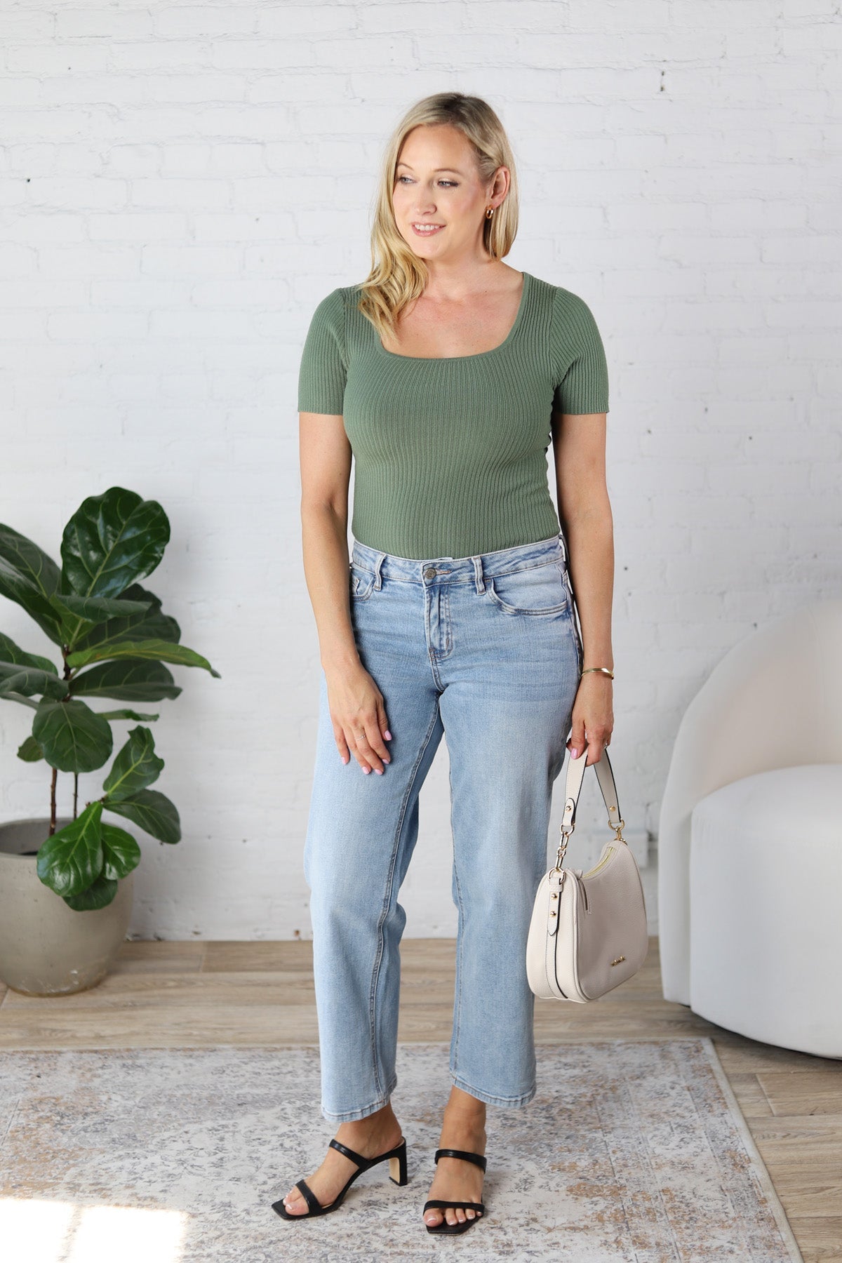 Allie Square Neck Ribbed Top - Ivy