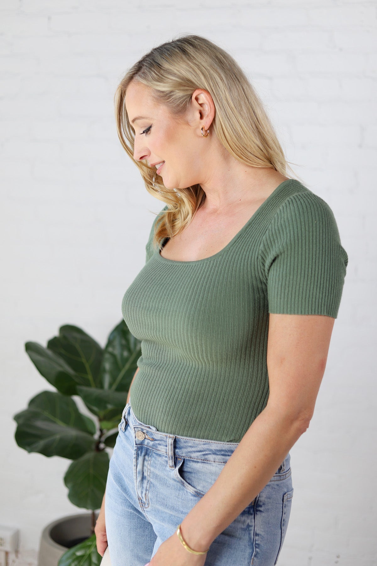 Allie Square Neck Ribbed Top - Ivy