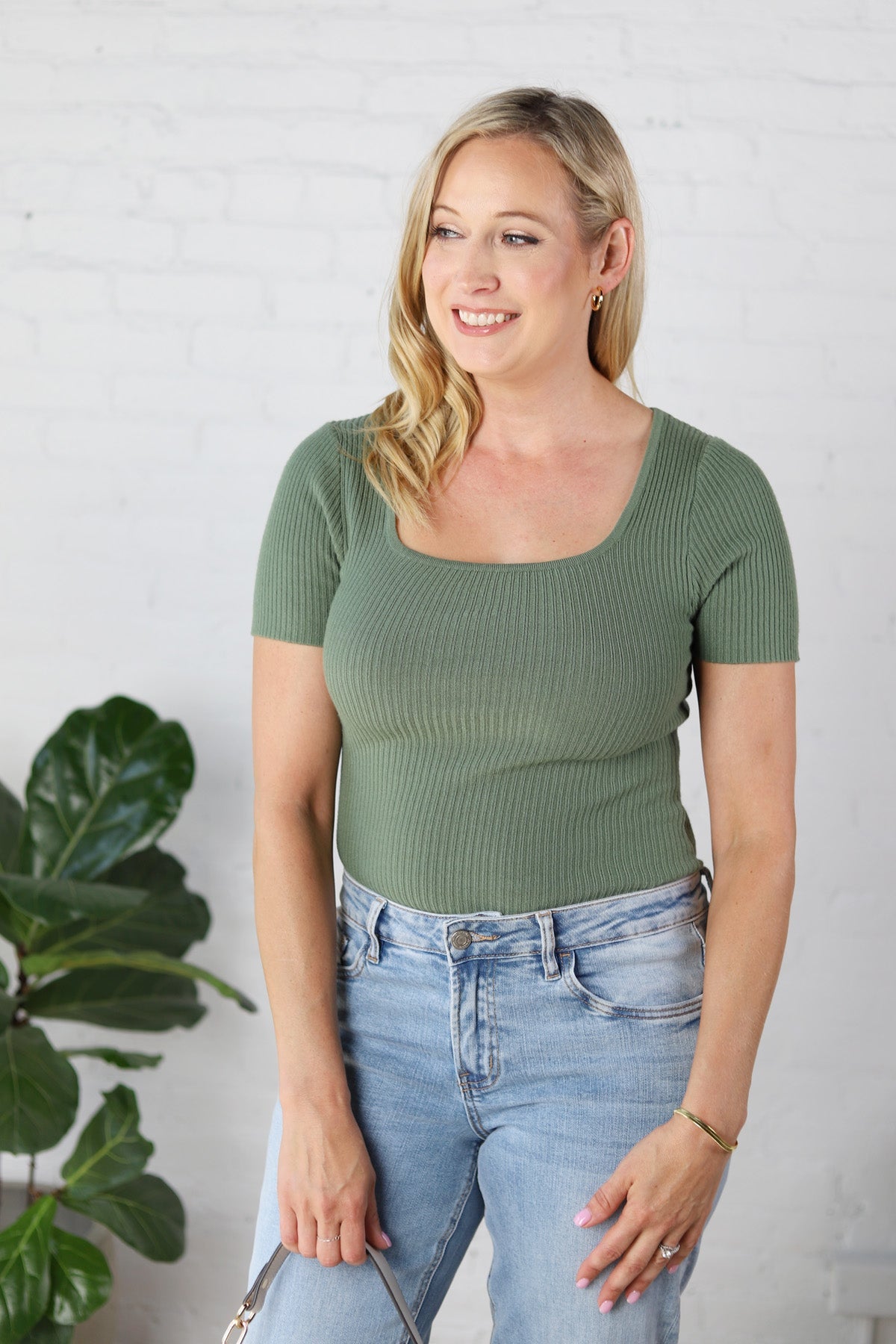 Allie Square Neck Ribbed Top - Ivy