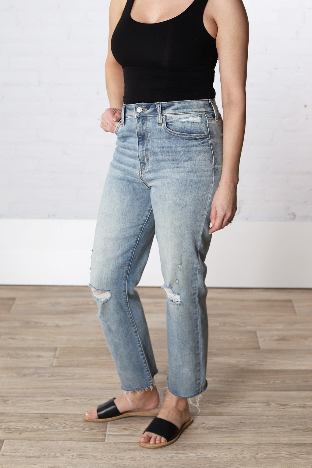 Don't Think Twice DTT Katy high waist cropped straight jeans in washed  black - ShopStyle