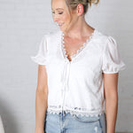 Alora Tie Front Floral Lace Top - Off White