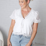 Alora Tie Front Floral Lace Top - Off White