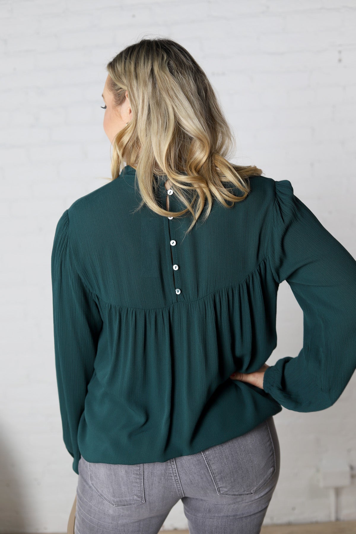 Althea Mock Neck Back Button Down Blouse