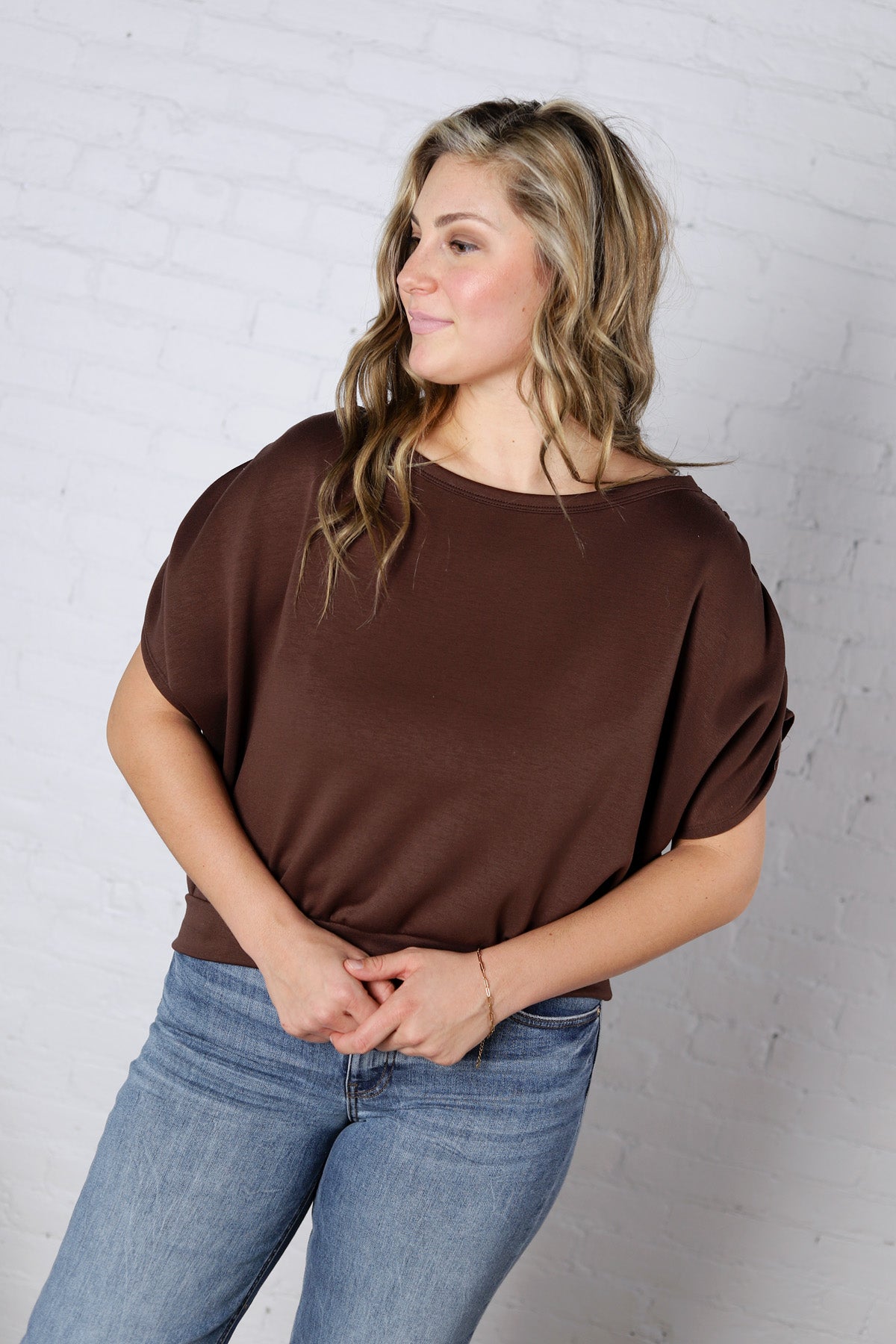 Alyne Boatneck Shirring Top - Brown