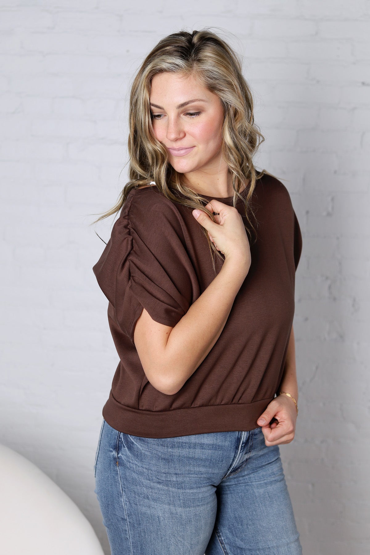 Alyne Boatneck Shirring Top - Brown