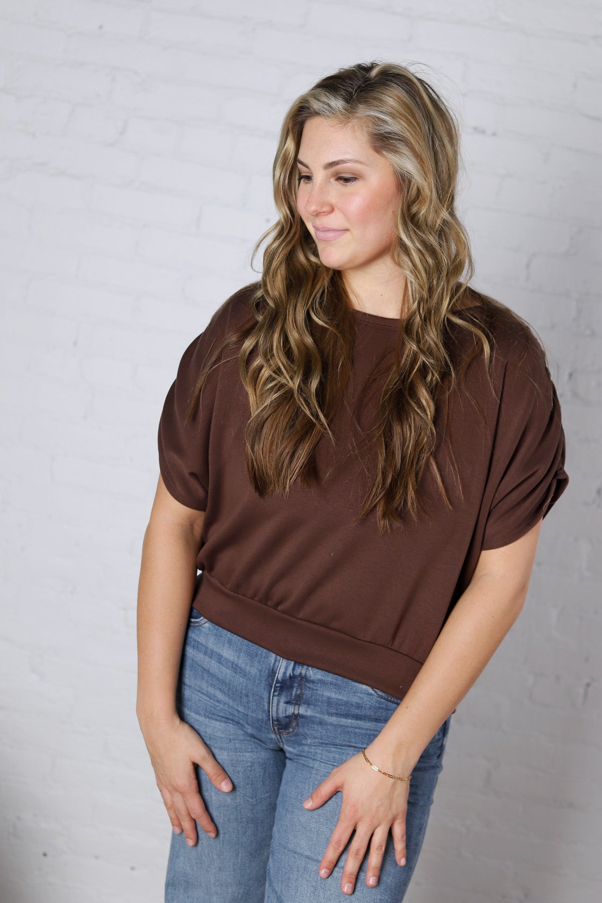 Alyne Boatneck Shirring Top - Brown