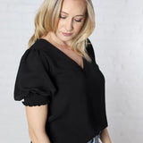 Alyssia Short Sleeve Smocked Blouse - Black - FINAL SALE