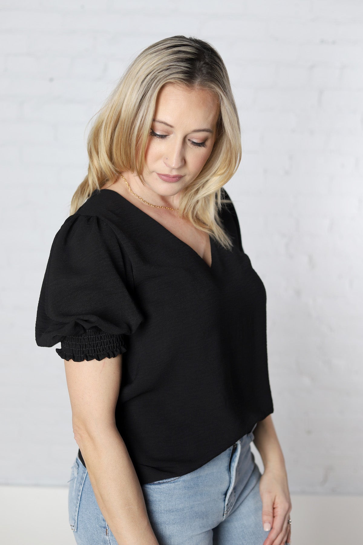 Alyssia Short Sleeve Smocked Blouse - Black - FINAL SALE