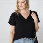 Alyssia Short Sleeve Smocked Blouse - Black - FINAL SALE