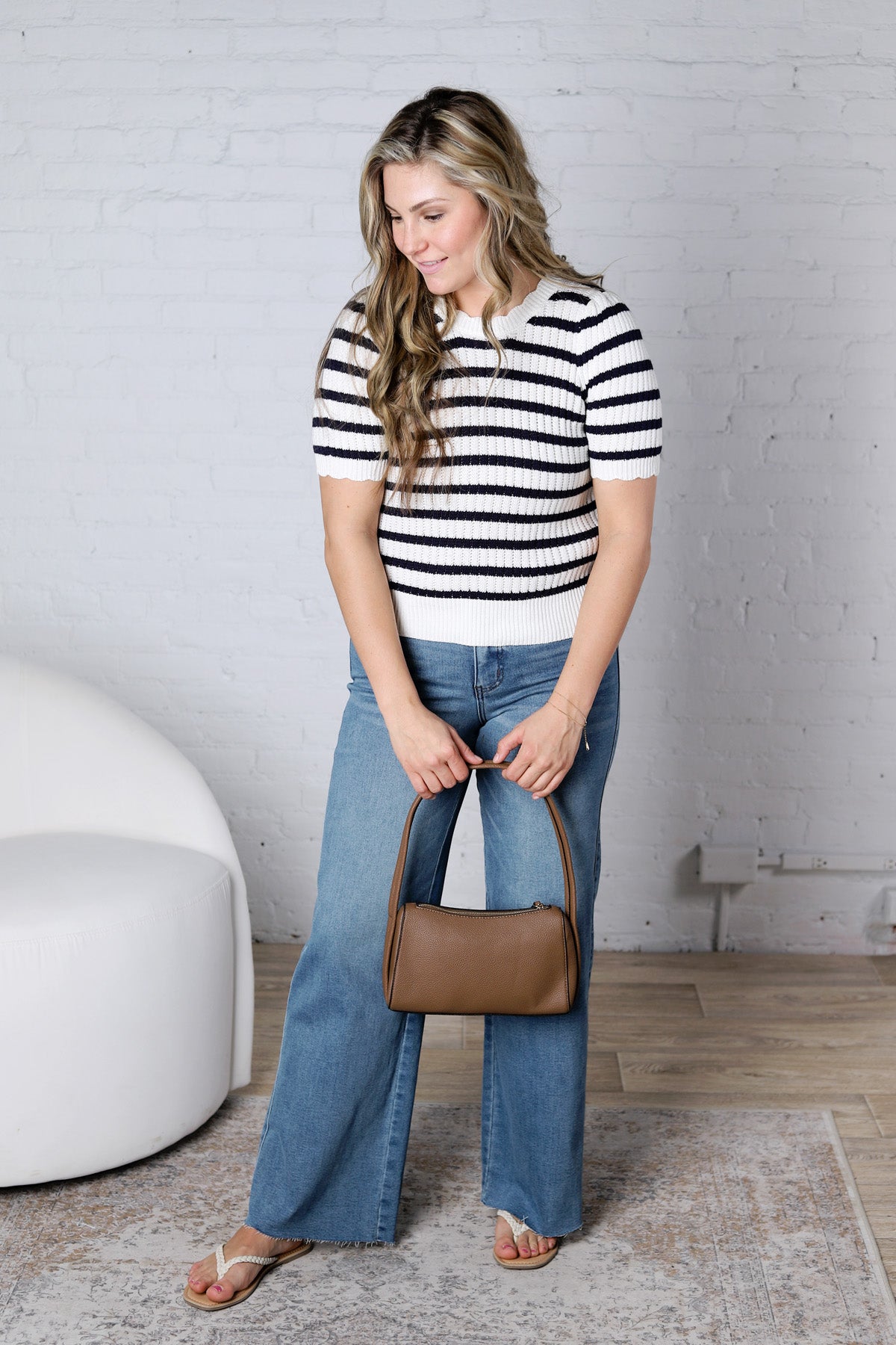 Amandine Ribbed Eyelet Stripe Top – Navy