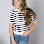 Amandine Ribbed Eyelet Stripe Top – Navy