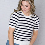 Amandine Ribbed Eyelet Stripe Top – Navy