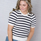 Amandine Ribbed Eyelet Stripe Top – Navy