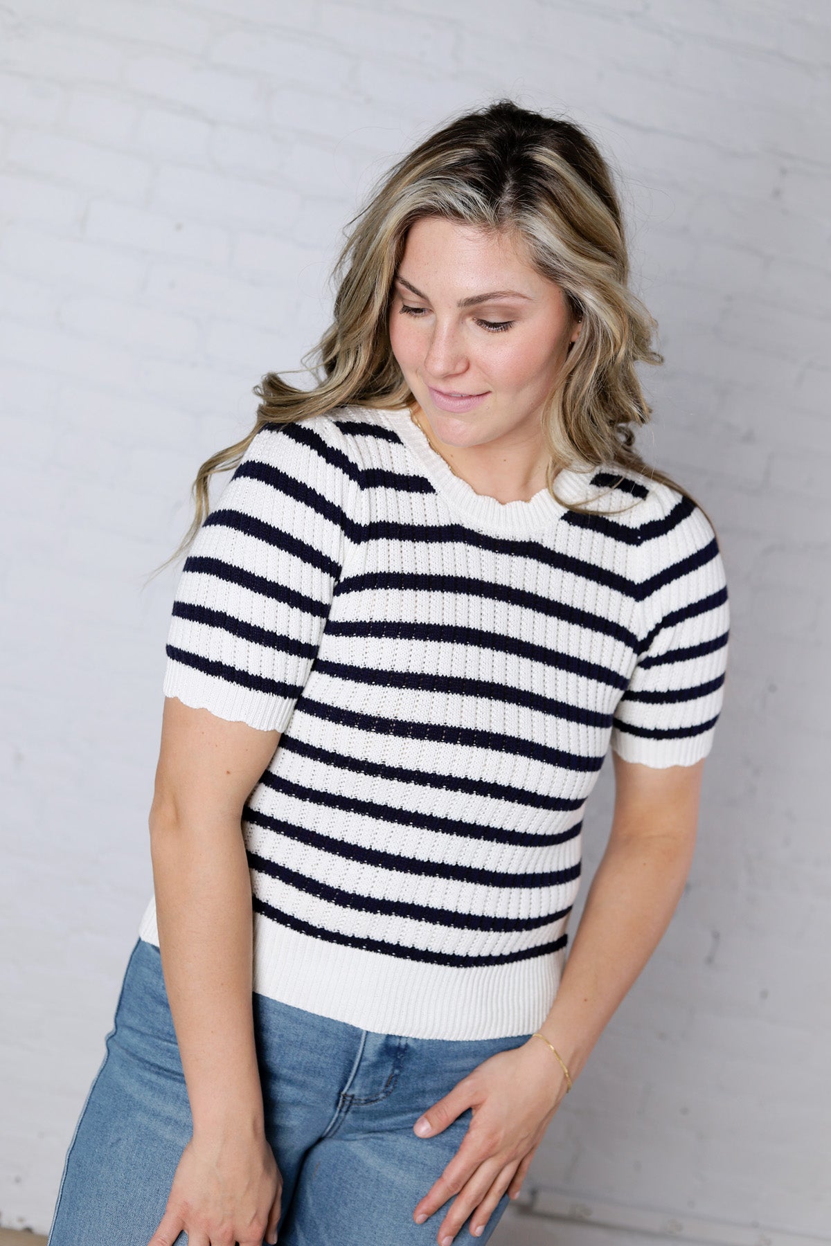 Amandine Ribbed Eyelet Stripe Top – Navy