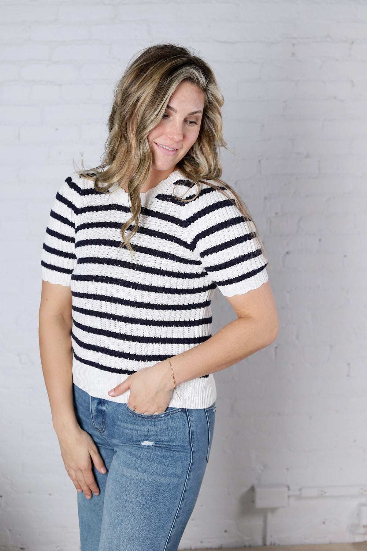Amandine Ribbed Eyelet Stripe Top – Navy