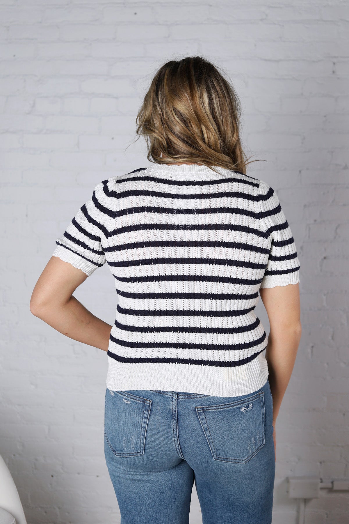 Amandine Ribbed Eyelet Stripe Top – Navy