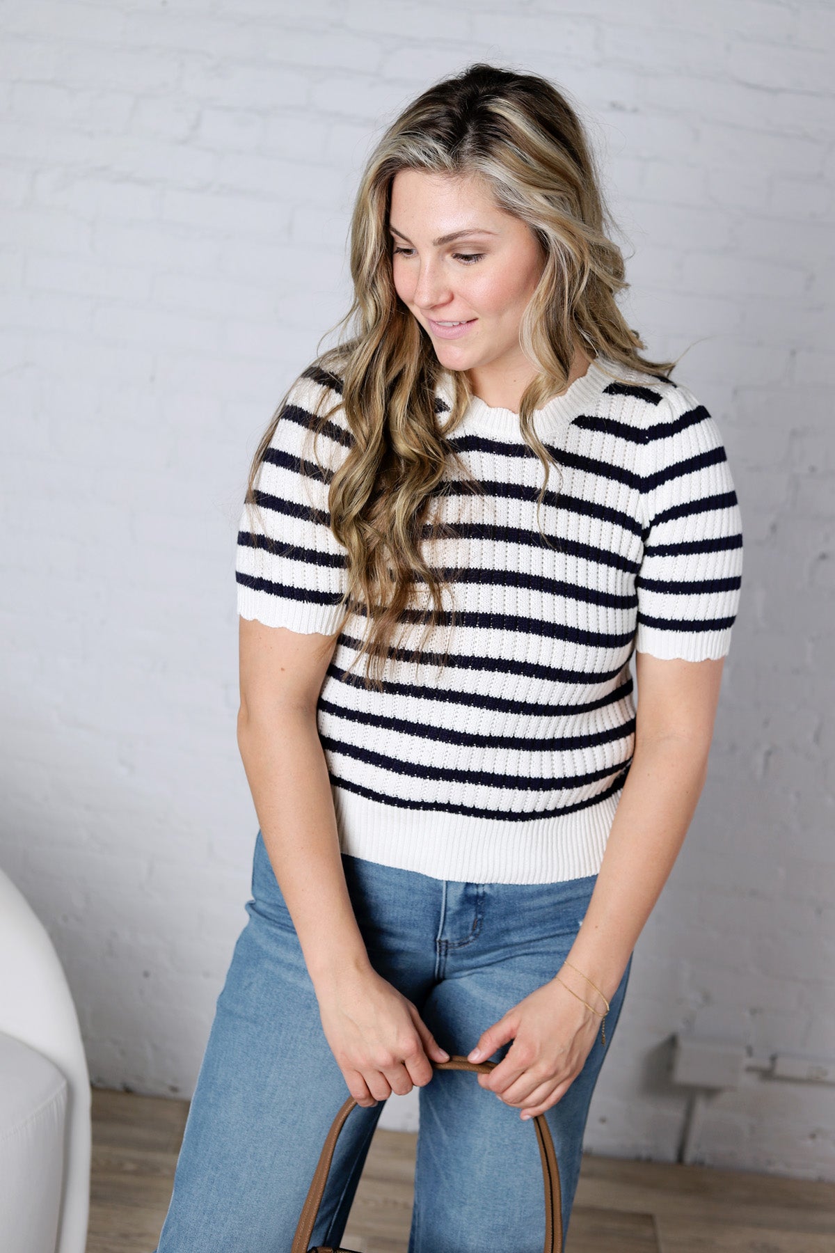 Amandine Ribbed Eyelet Stripe Top – Navy