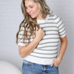 Amandine Ribbed Eyelet Stripe Top – Sage Green