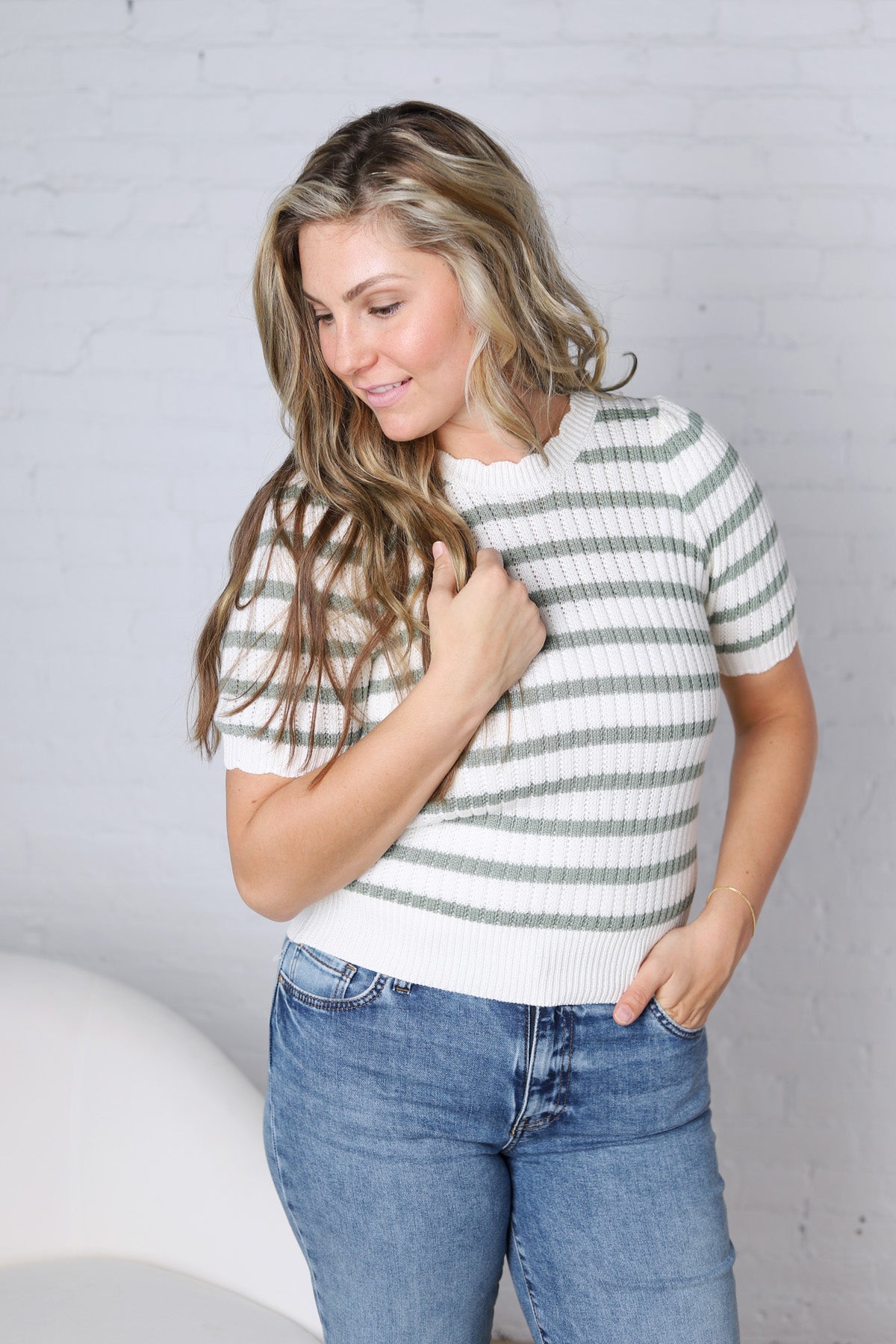 Amandine Ribbed Eyelet Stripe Top – Sage Green