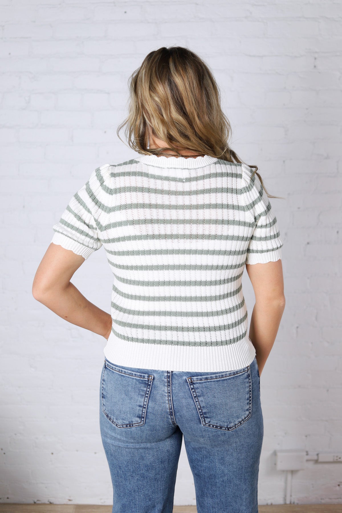 Amandine Ribbed Eyelet Stripe Top – Sage Green