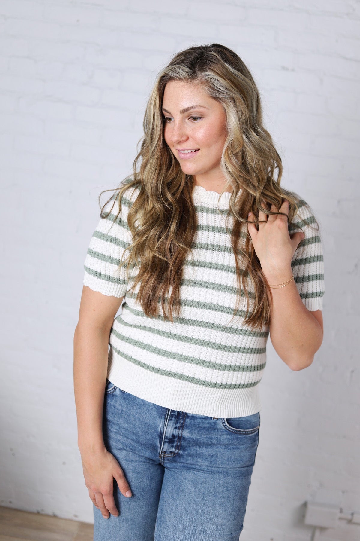 Amandine Ribbed Eyelet Stripe Top – Sage Green