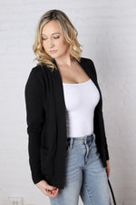 Amberly Open Cardigan with Ribbed Detail and Pockets - Black