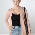 Amberly Open Cardigan with Ribbed Detail and Pockets - Blush